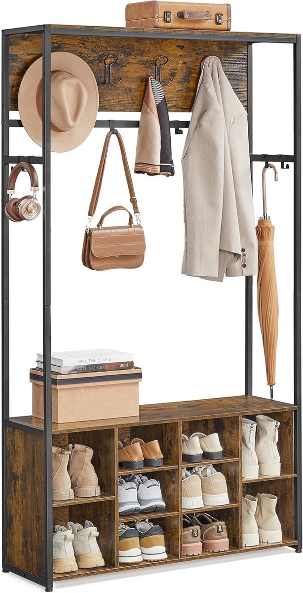 Conway Living® Kapstok met Schoenenkast - Kapstok met bank - Kledingrek - Schoenenrek - 18 haken - bovenste plank - voor hal - slaapkamer - industrieel design - vintage bruin - zwart