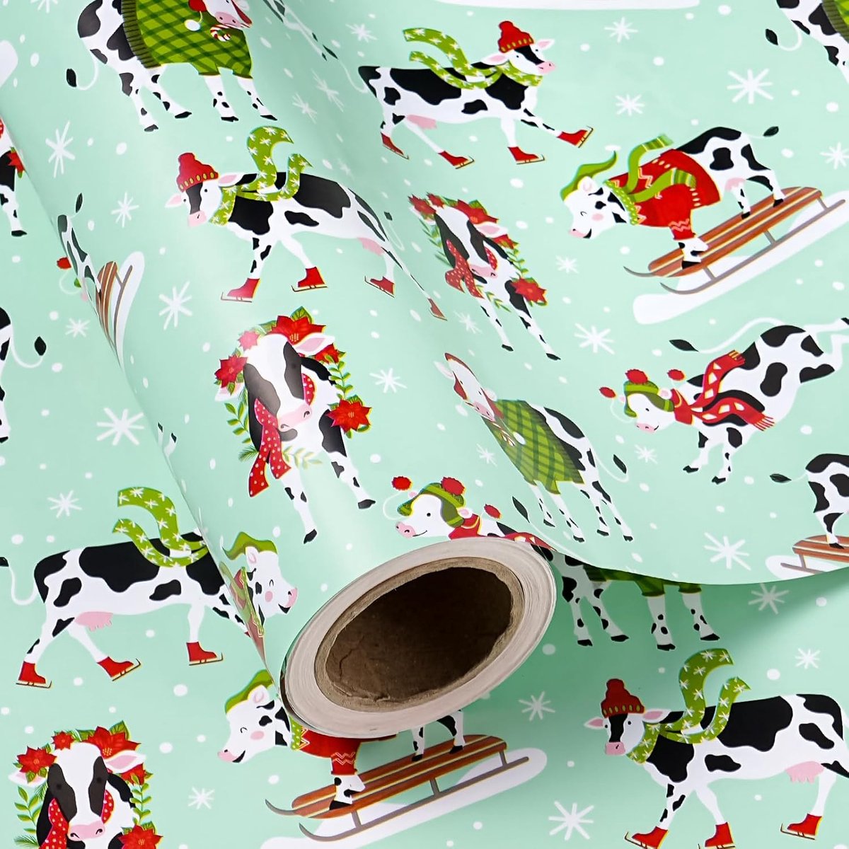 Thijox - Koe Kerst Inpakpapier Mini Roll 43,2 cm x 10 m - Lichtgroen Winter Kerstpapier voor Feestdagen, Sneeuwvlokken en Schattige Koeien