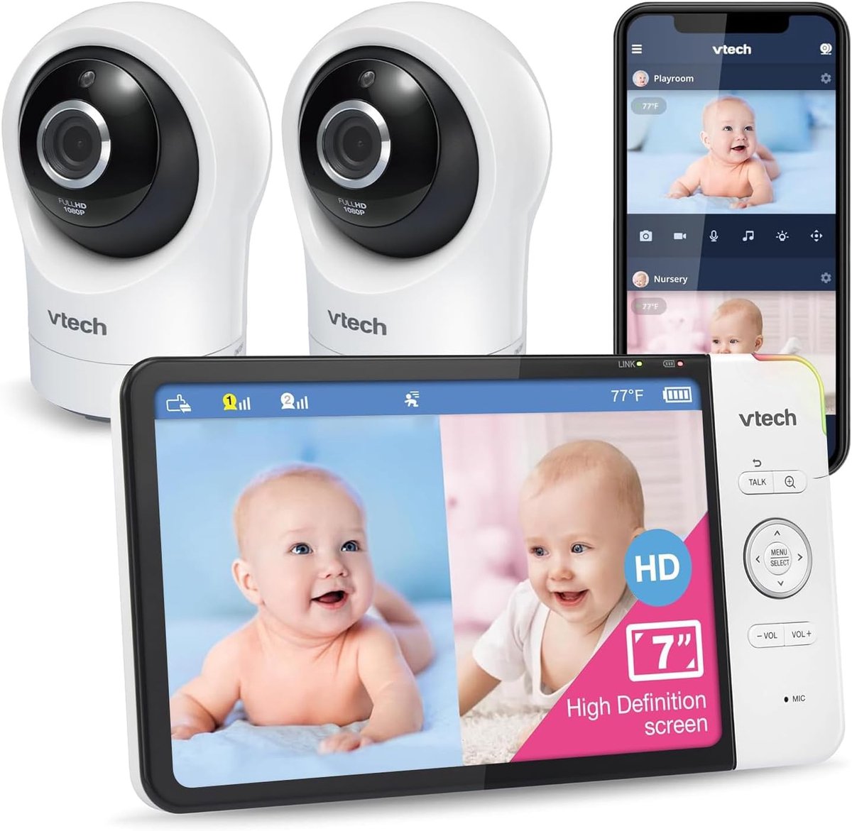Thijox - Smart babyfoon met 7 inch HD-kleurenscherm, wifi, 2 camera's 1080p FHD, gratis app, zwenk-kantel-zoom-functie, slaapliedjes en intercomfuncti