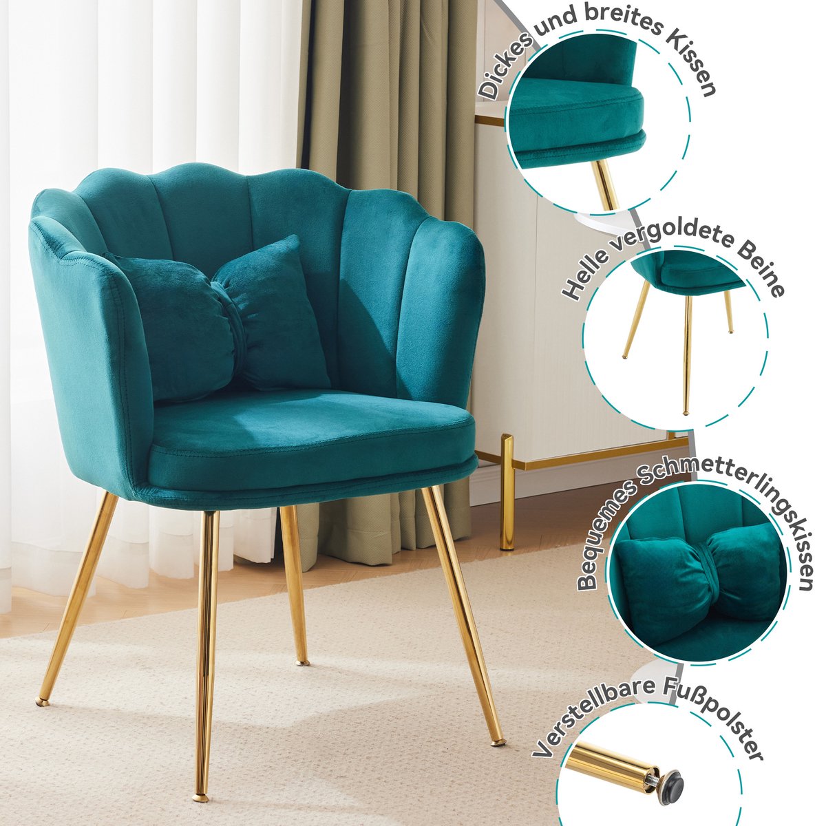 HAUSS SPOLE Eetkamerstoel - Fluwelen Design Met Bloemblaadjesrug - Set Van 6 Met Armleuningen En Gouden Metalen Poten - Groen