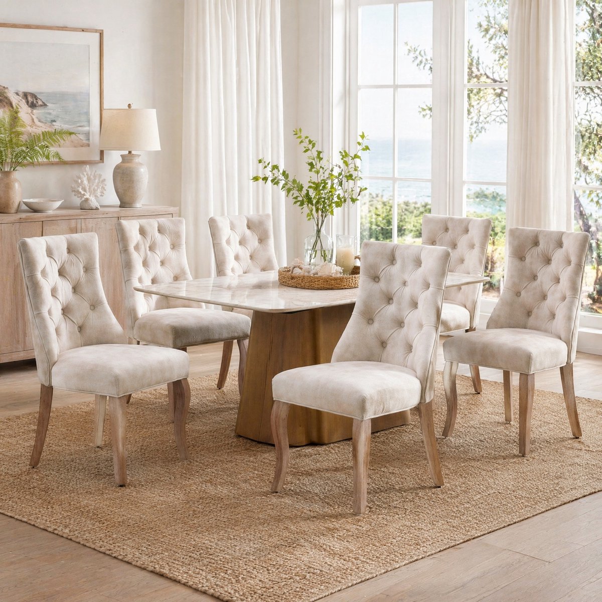 HAUSS SPOLE Eetkamerstoel - Luxe Fluwelen Design - Set Van 6 - Hoge Rugleuning Met Knopen En Houten Poten - Voor Eethoek En Woonkamer - Lichtbeige