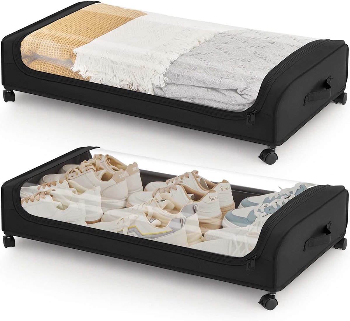 Ruimtebesparende opbergdozen met wielen voor onder het bed, 50 l, ideaal voor kleding, schoenen en dekens in de slaapkamer, set van 2