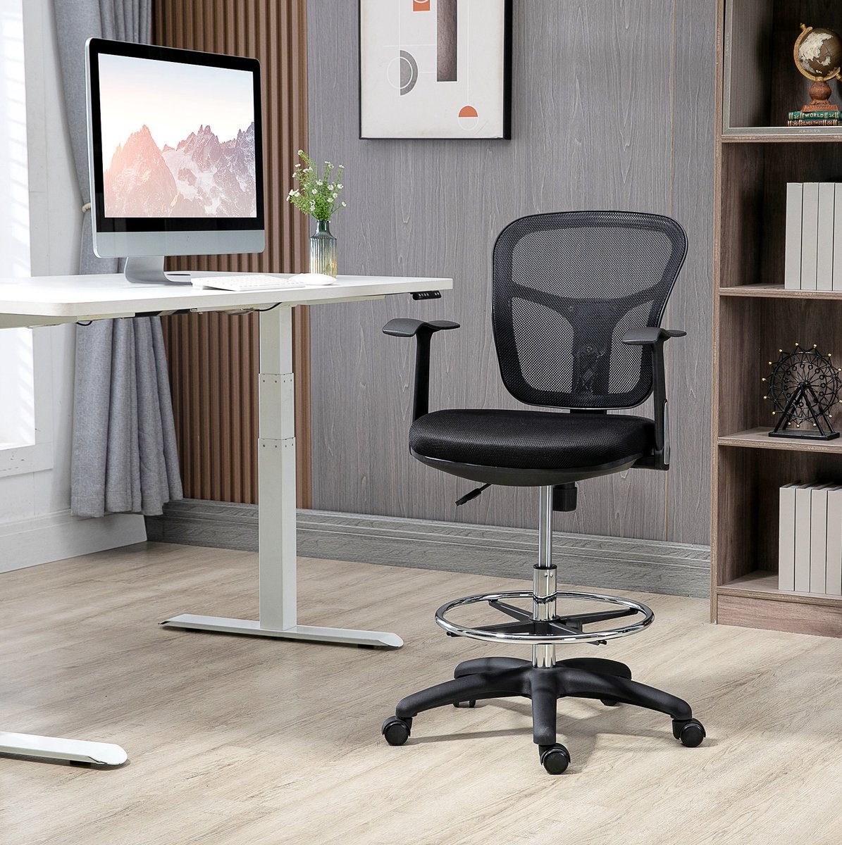 MEUNIQ ergonomische bureaustoel 59 x 59 x 95-115 cm met netrugleuning, lendensteun, armleuningen, verstelbare zithoogte en voetsteun voor kantoor of thuiswerk