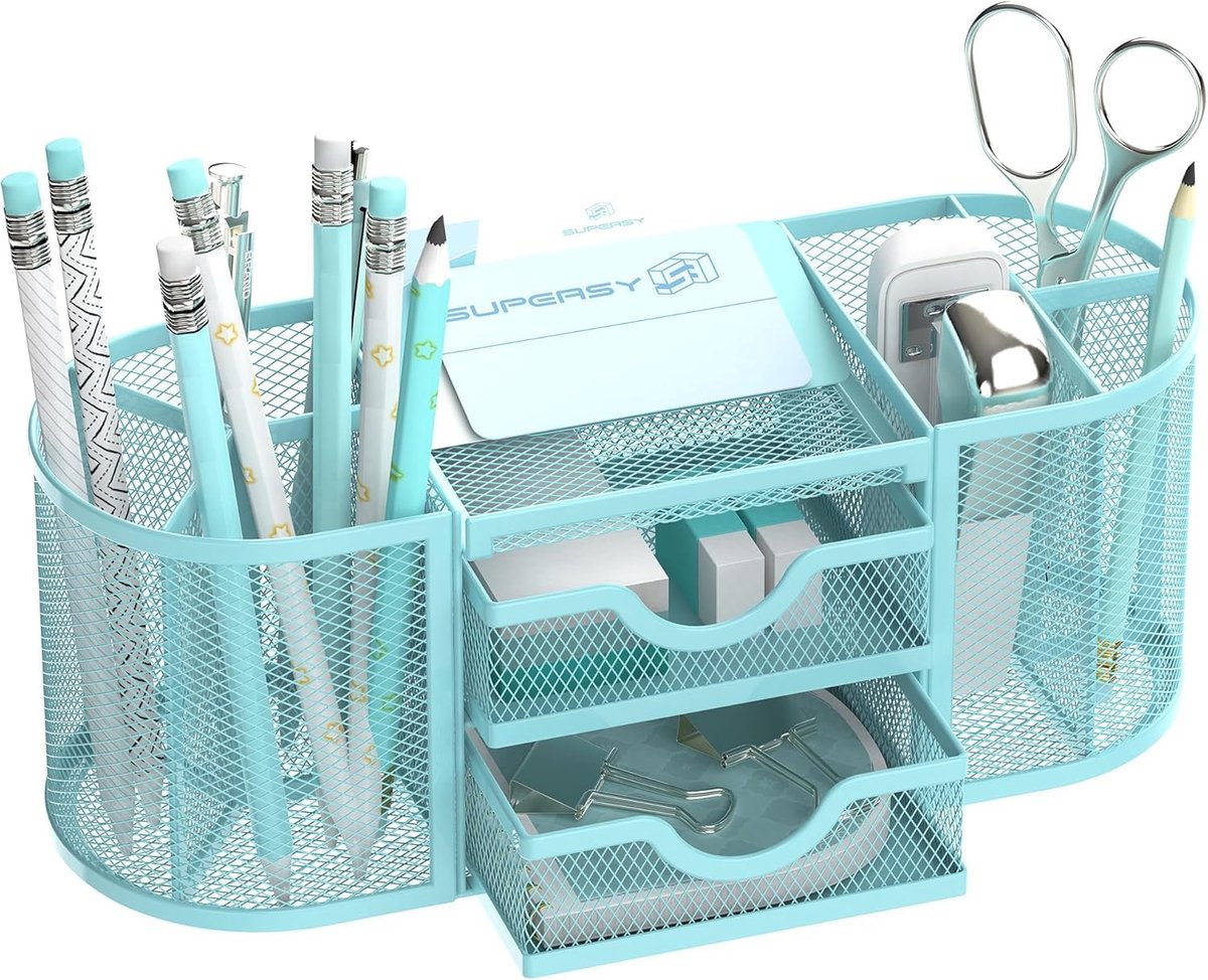 Thijox - Mesh bureauorganizer met 2 laden, pennenhouder voor kantoorbenodigdheden, blauw, multifunctionele bureau organizer voor een opgeruimd bureau