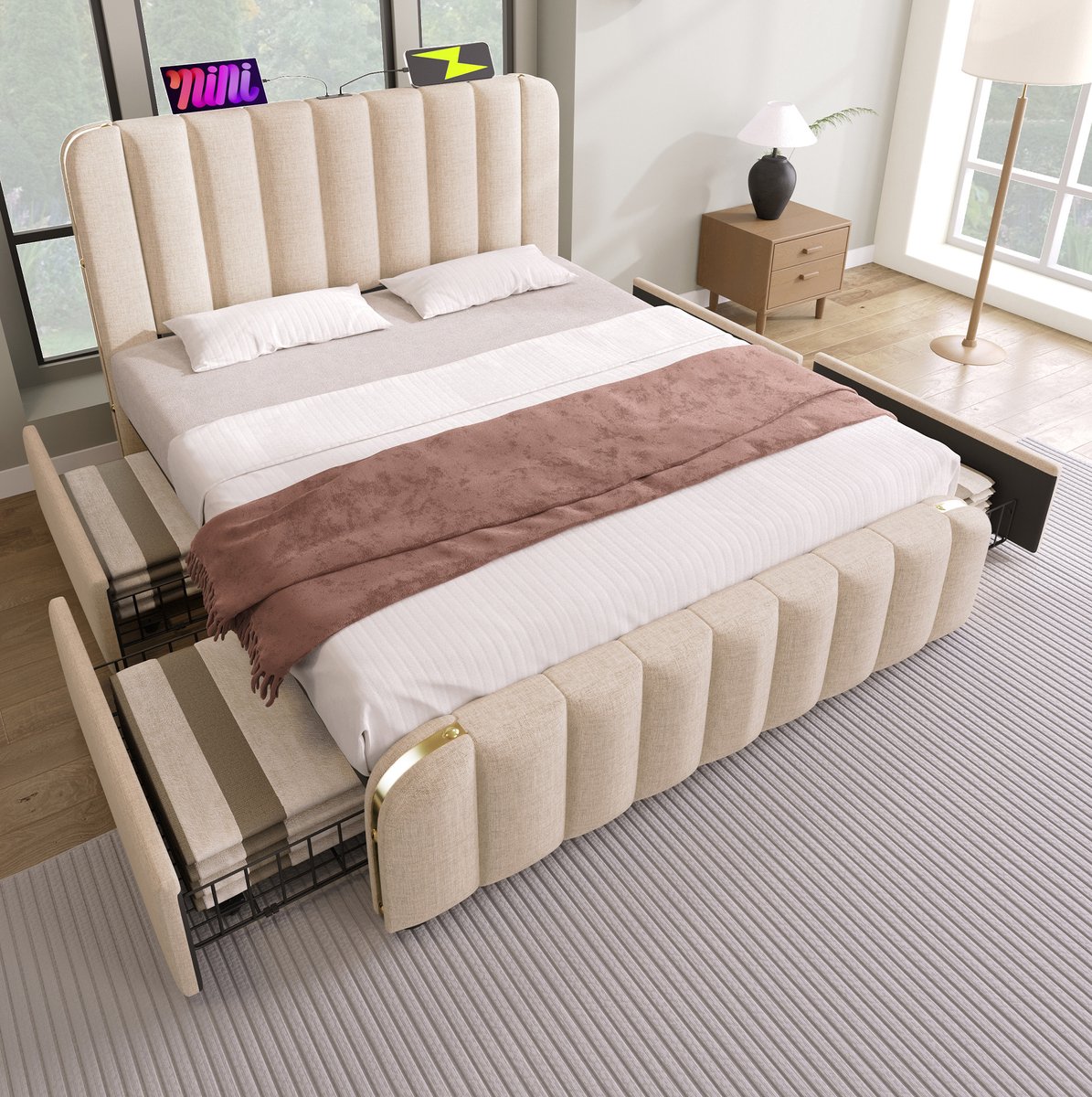 FloraGrace Gestoffeerd Bed 140x190 cm - USB En Type-C Oplaadpunt - 4 Lades - Tweepersoons - Stof Metaal Hout - Beige - Zonder Matras