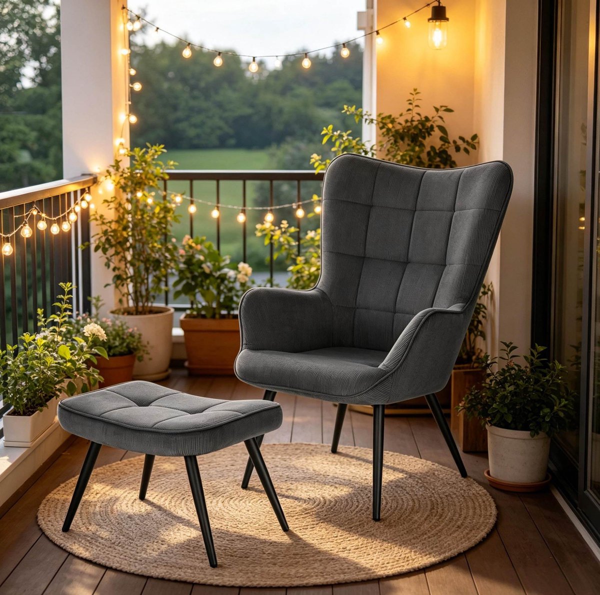 MIVRAY Fauteuil 50 x 49 x 97 cm - Met Hocker En Hoge Rugleuning - Voor Woonkamer En Slaapkamer - Corduroy Fluweel Donkergrijs