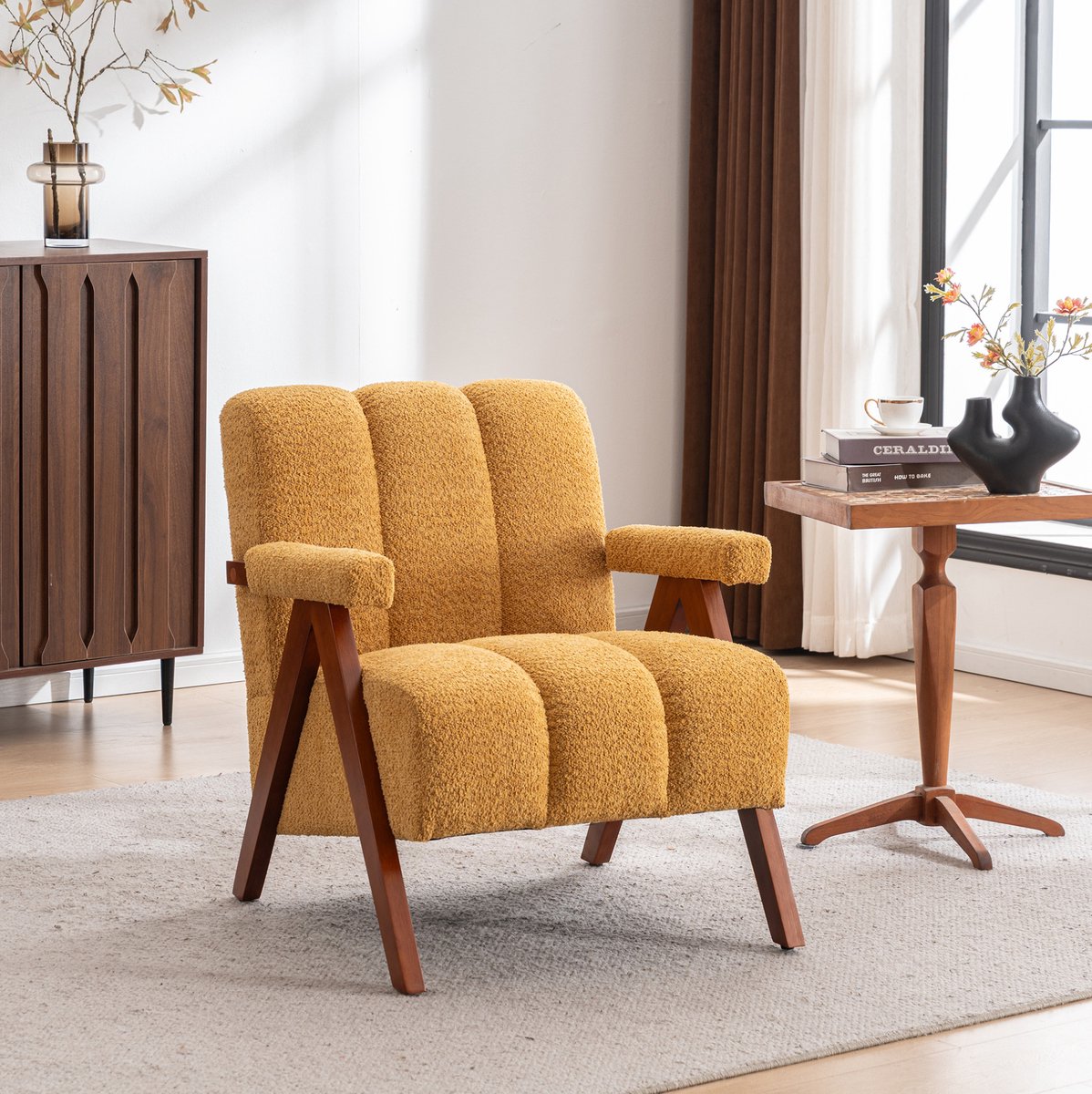 MIVRAY Fauteuil 77 x 69 x 77 cm - Zachte Bouclé Bekleding met Armleuningen - Voor Woonkamer en Slaapkamer - Massief Eikenhout - Geel