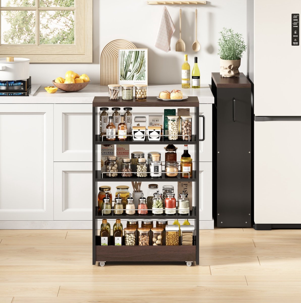 HAUSS SPOLE Opbergwagen Smal Voor Keuken En Badkamer Met 4 Verstelbare Planken Zwart Bruin Houtlook MDF 55x20x85 Cm