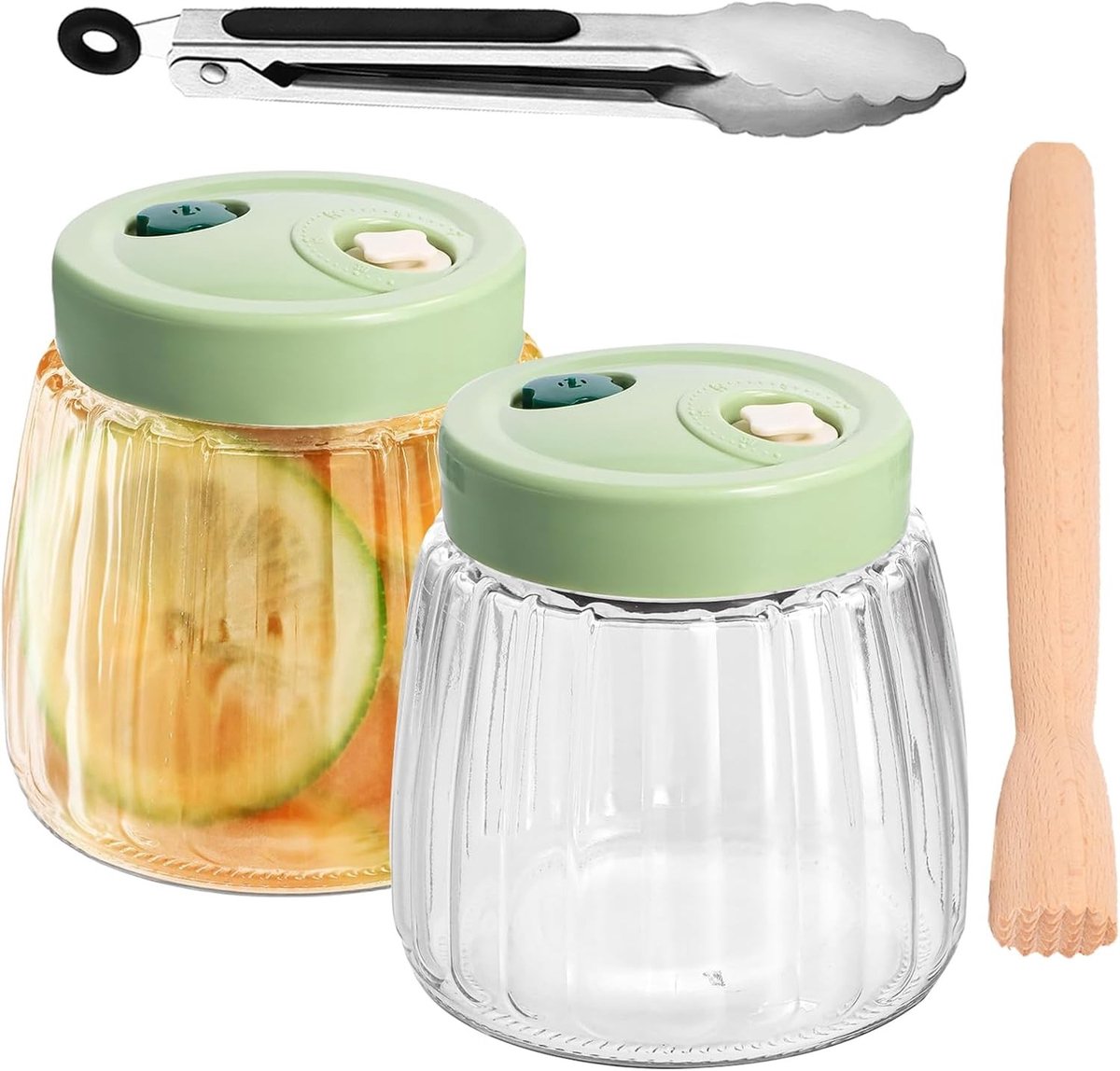 2 Stuks 1 Liter Dubbele Ventiel Fermentatieglazen Luchtdichte Potten, Ideaal voor Kimchi, Groenten Fermentatie en Bewaren met Tangen en Fermentor