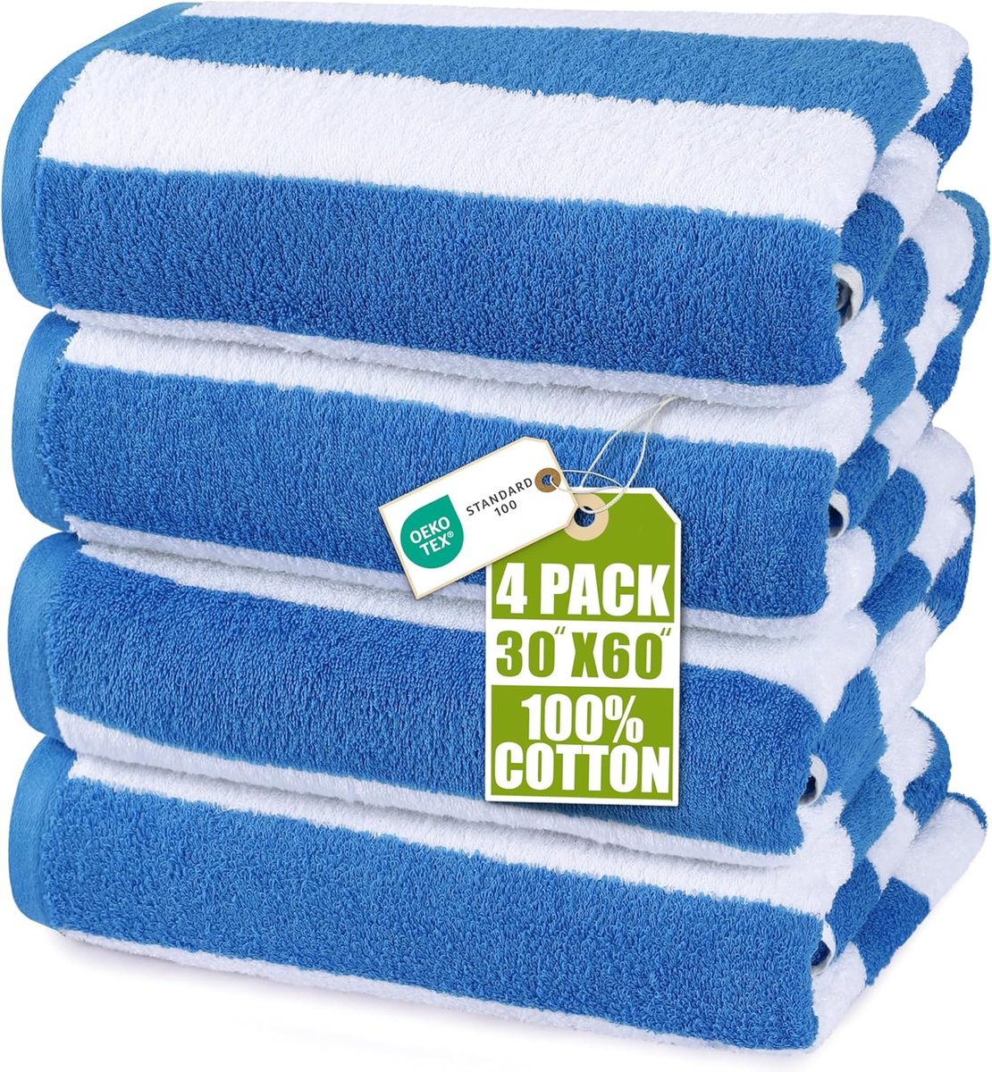 Thijox - Utopia Handdoeken Set van 4 - Grote Cabana Stripe Strand/Zwembadhanddoeken 76 x 152 cm - 100% Zacht Gesponnen Katoen - Sneldrogend - Blauw vo
