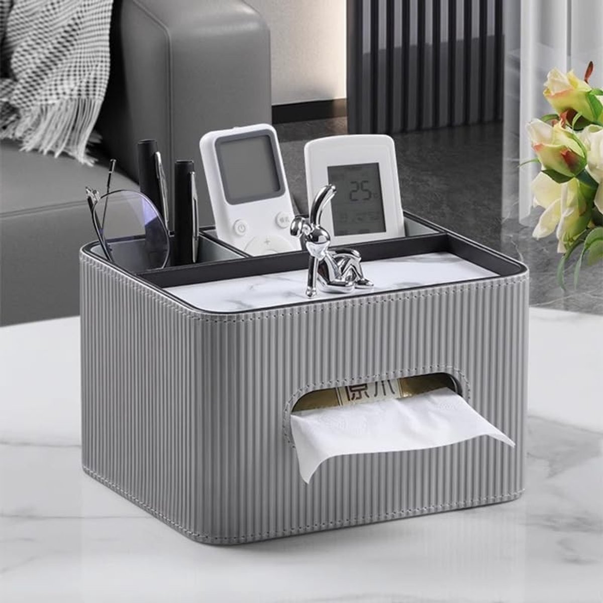 Elegante PU-lederen zakdoekjesbox met legplank voor tissues, ideaal voor kantoor, badkamer en auto, zilvergrijs