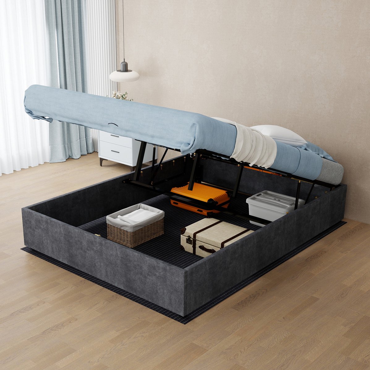 FloraGrace Bed 140x200 cm - Gaslift Met Opbergruimte - Lattenbodem - Zonder Hoofdbord - Zonder Matras - Voor Slaapkamer - Fluweel Grijs