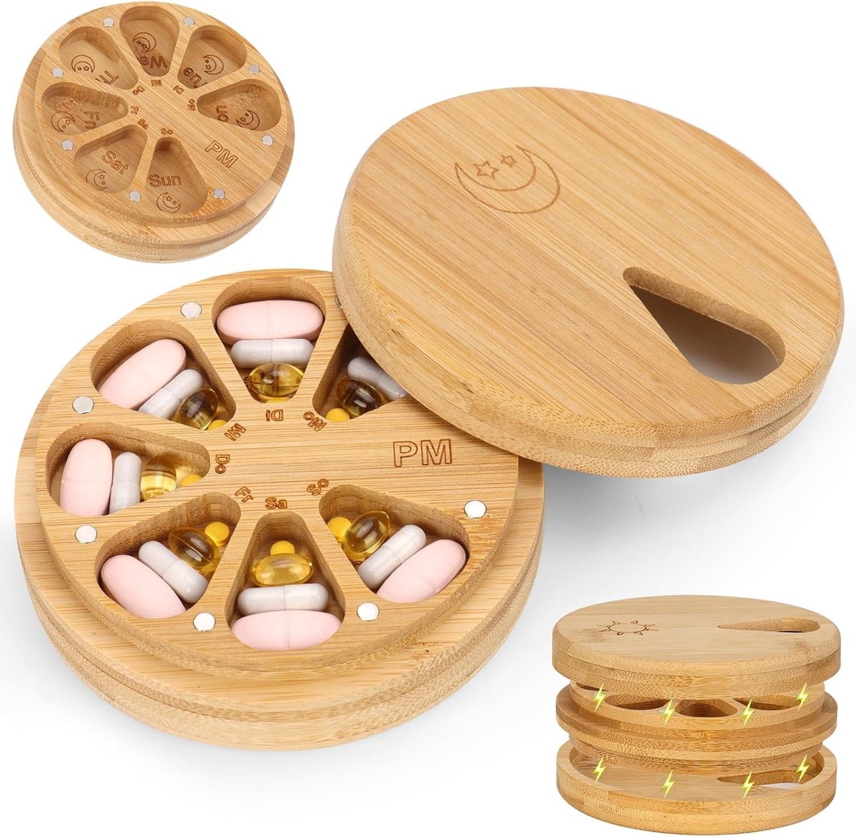 Tablettenbox voor 7 dagen - Draaibare pillendoos voor medicijnen, supplementen en vitaminen, 12 x 12 x 4,1 cm, dubbelzijdig en magnetisch