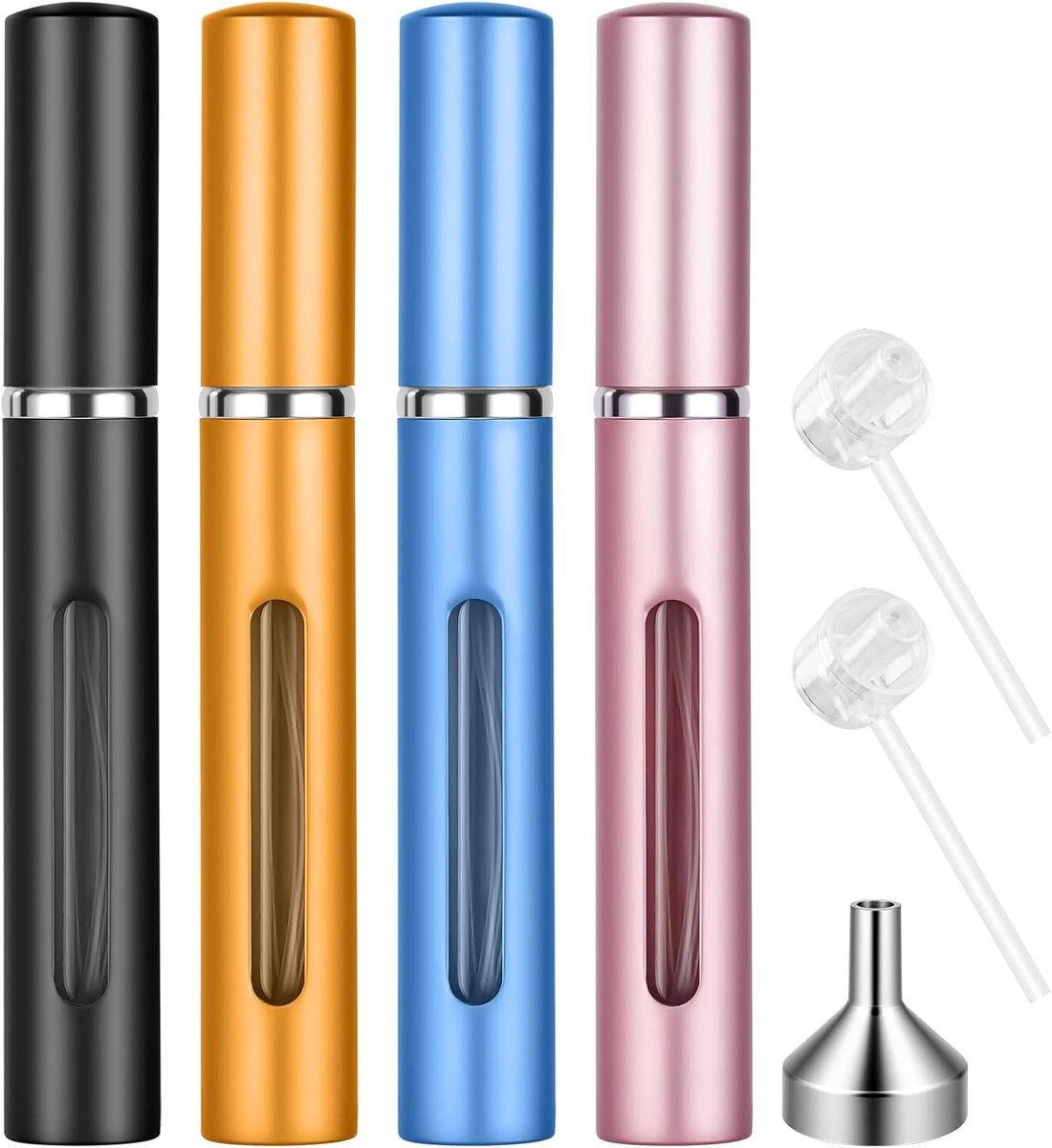 Mini Spray Flesje voor Parfum, 4 x 5 ml, Draagbare Verstuiver met 2 Verlengers en 1 Trechter, Ideaal voor Reizen, Wandelen en Feestjes