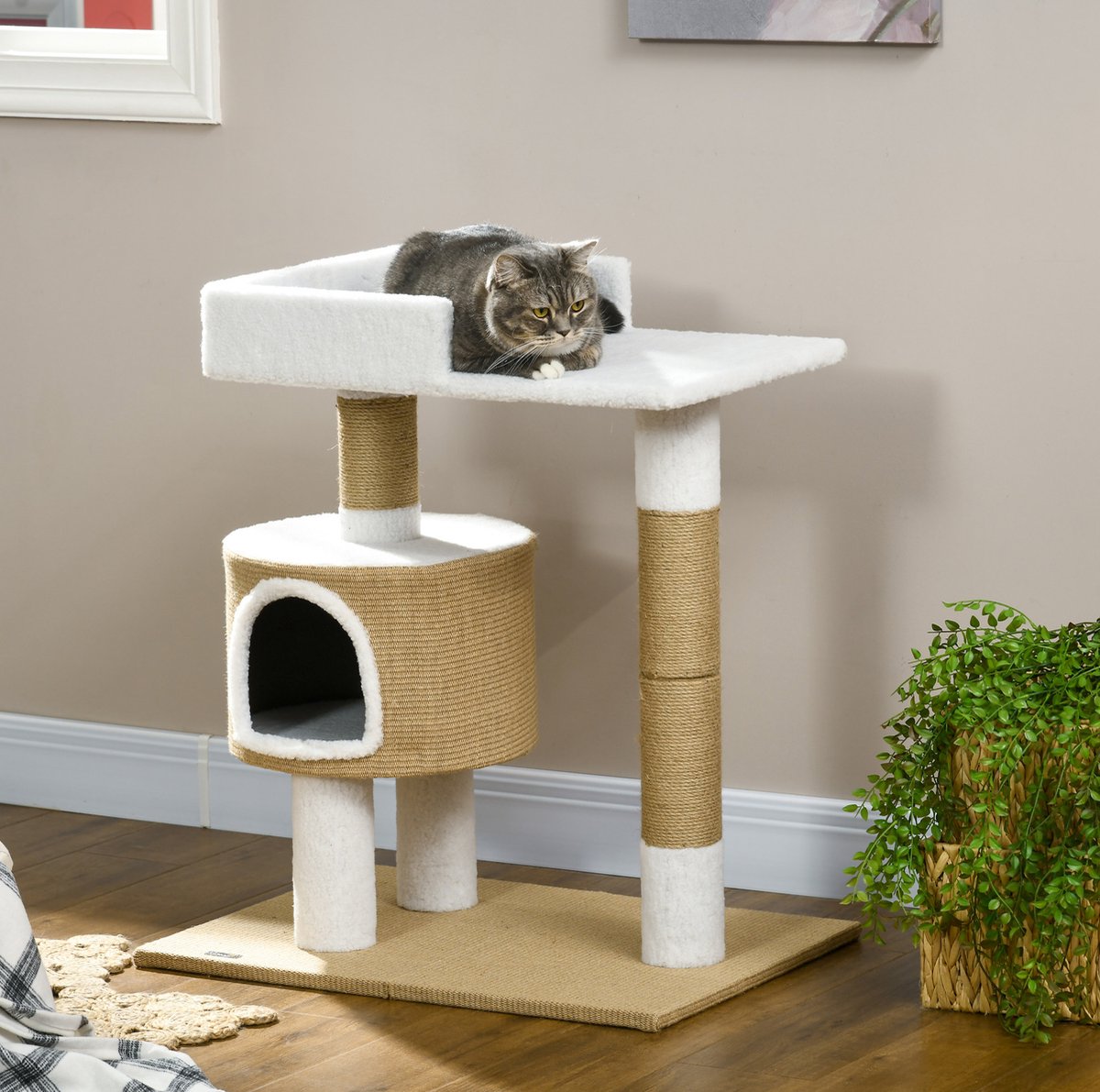 HAUSS SPOLE Krabpaal – Met Kattenhuisje En Ligplatform – 70 x 49 x 79 cm – Hout, Jute En Stof – Bruin/Wit – Voor Rust En Krabben