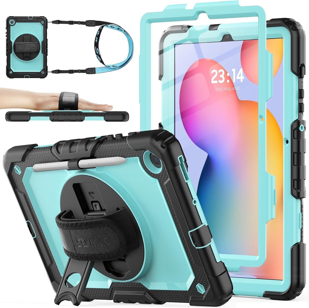 Schokbestendige hoes voor Samsung Galaxy Tab S6 Lite 10.4 inch met schermbeschermer, 360 graden draaibare standaard, handstrap en schouderband, lichtblauw