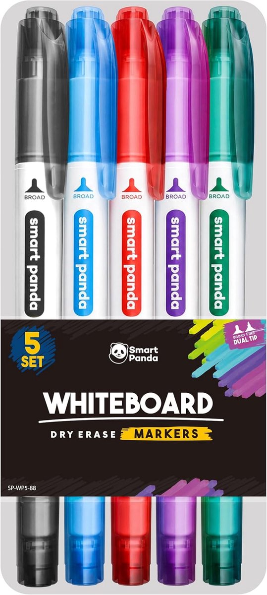 Thijox - 5 Whiteboard Markers - Dunne Uitwisbare Stiften met Dubbele Punt - Fijn en Middelgroot - Ideaal voor School, Kantoor en Creatieve Projecten -