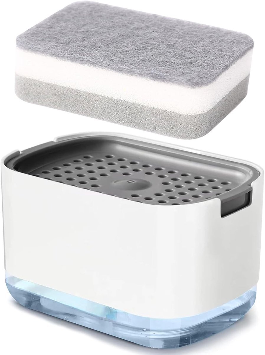 Vaatwaszeep Dispenser voor Keukenwerkblad met Sponshouder, Navulbare Antislip 2-in-1 Automatische Druktype Vloeibare Doos, Duurzaam Handwas Accessoires Set voor Thuis, Kantoor en Ziekenhuis