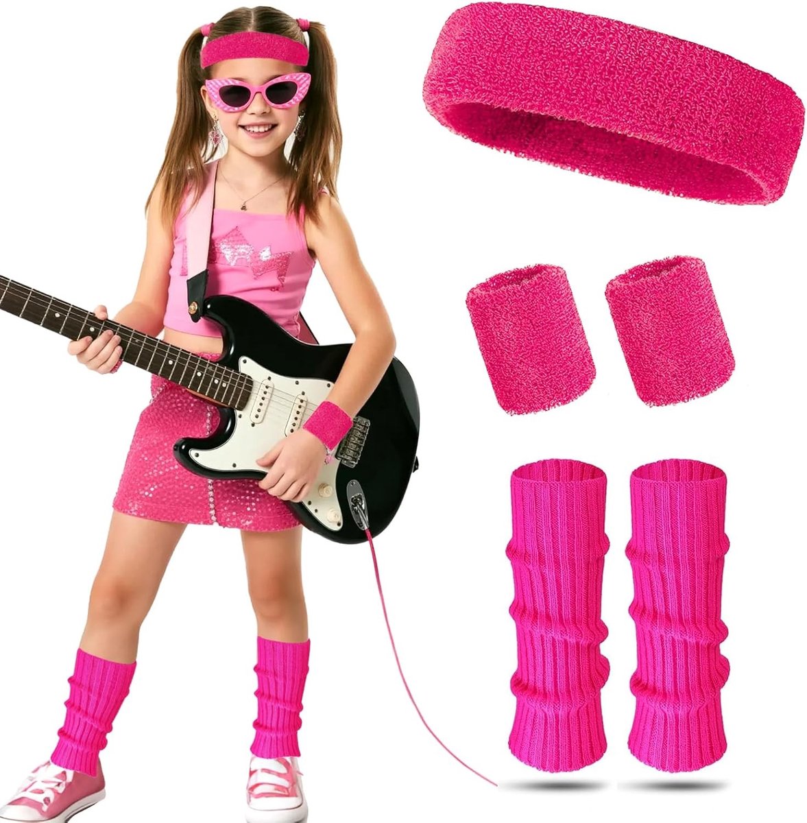 4-delige 80s Outfit voor Kinderen met Neon Kostuums, Fitnessarmbanden en Neon Haarbanden voor Themafeesten en Danspartijen