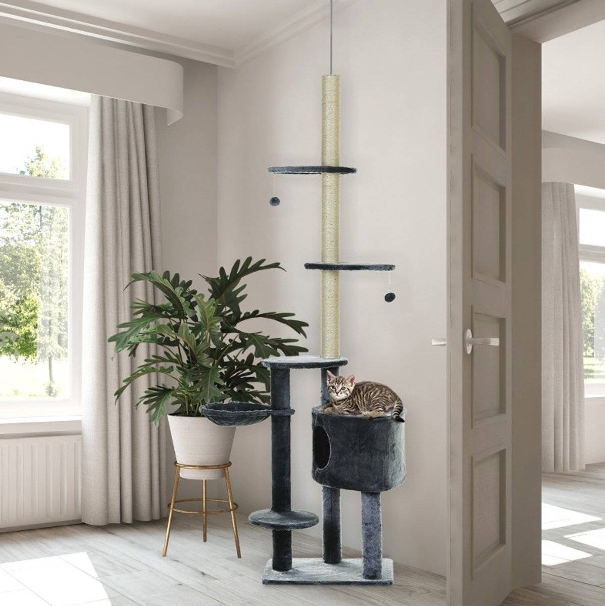 HAUSS SPOLE Krabpaal – Dekenhoog 220-265 Cm – Verstelbaar – Pluche En Sisal – Donkergrijs – Met Kattenhol, Hangmat En Platformen