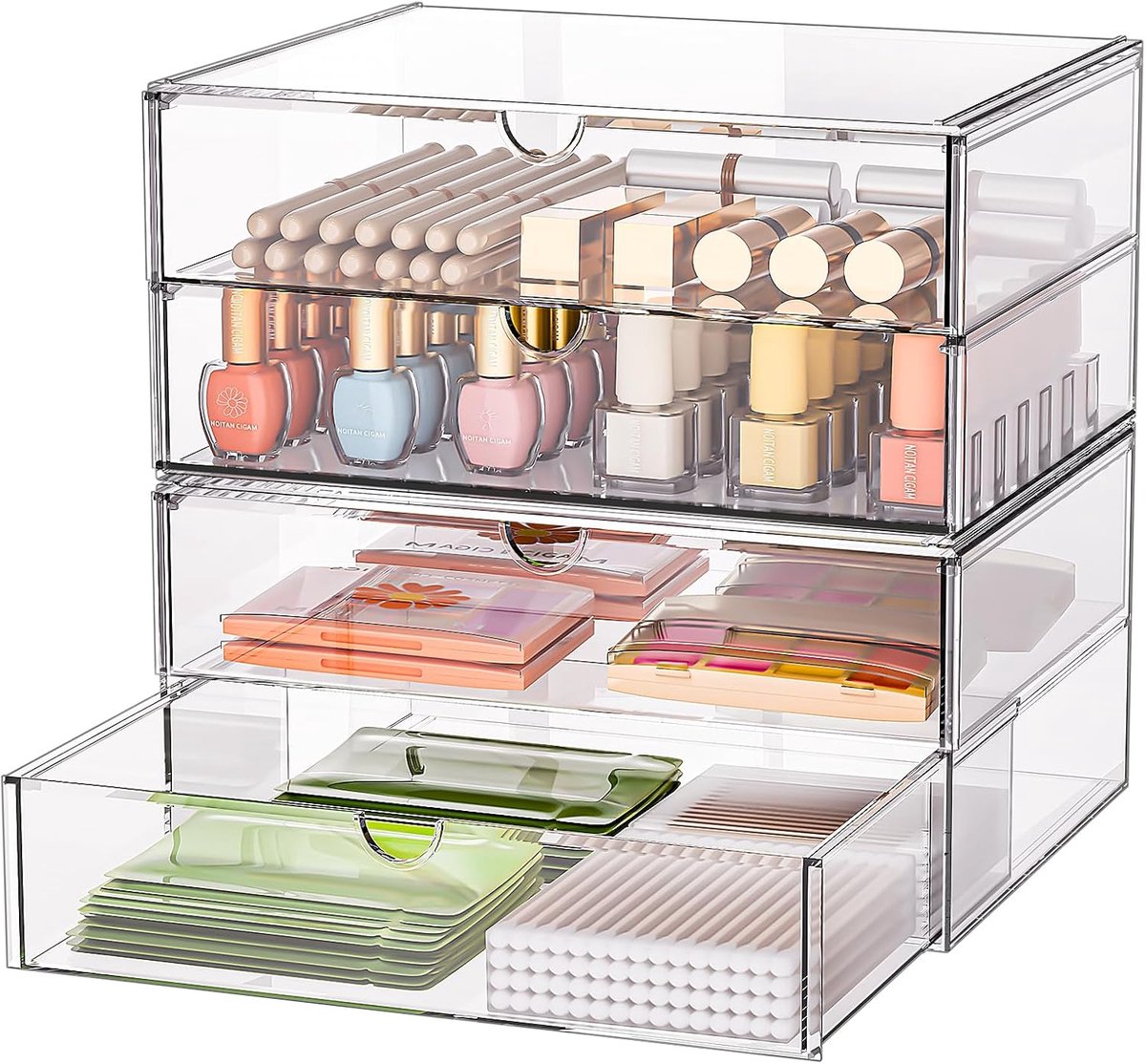 Thijox - Set van 2 Acryl Bureau-organizers met 4 Brede Lades, Stapelbare Ladekast met Antislip Pads voor Kantoor, Slaapkamer, Badkamer - Transparante