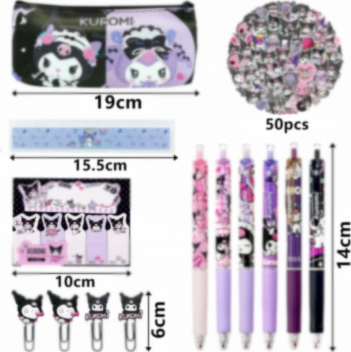 Thijox - Schoolbenodigdheden Set Kawaii, Etui, Sticky Notes, Balpennen, Liniaal, Stickers, Kawaii Paperclip, 9-delig Paars, Perfect voor Kinderen, Sch