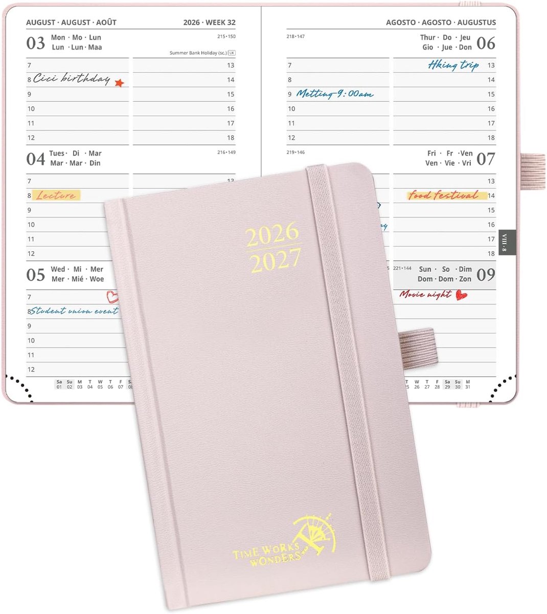Thijox - POPRUN Agenda Pocket 2026 2027 Weekplanner 16x10,5 cm - Kleine School Planner met Harde Kaft, Uurindeling, Lichtroze, 17 Maanden, Perfect voo