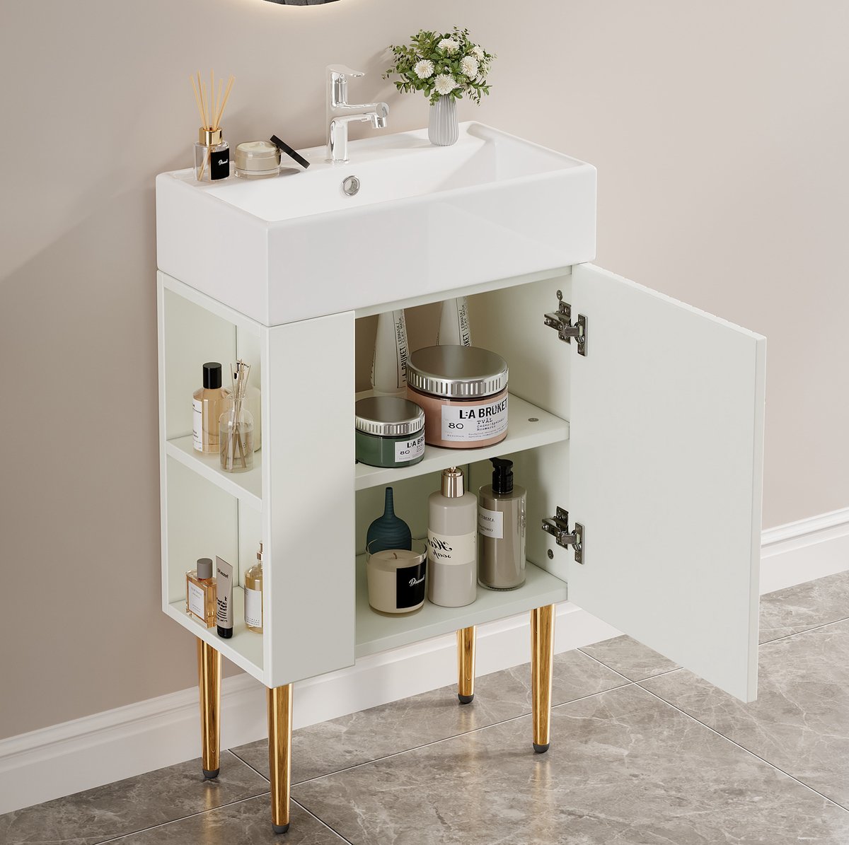 MIVRAY Badkamerkast Met Wastafel - Compacte Staande Wastafelkast Met Opbergruimte - Voor Kleine Badkamer - MDF Wit - 55x31x66,5 Cm