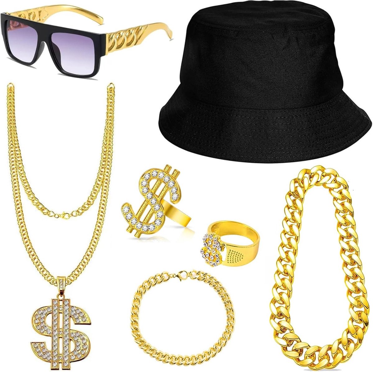 7-delige Hip Hop Kostuumset voor Mannen met Dollar Ketting, Zonnebril en Vissershoed voor Carnaval en Themafeesten