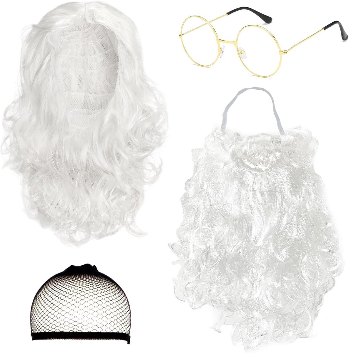 4-delige set met Kerstman baard en pruik, inclusief hoed, haarnet en zonnebril, perfect voor feestelijke kostuums en kerstcosplay evenementen