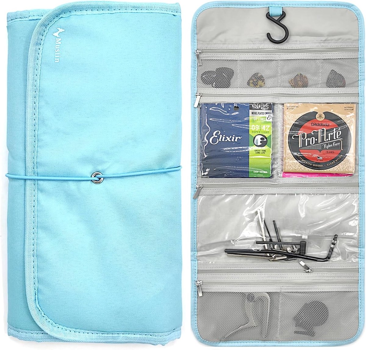 Guitar Accessory Organizer Bag met Vouwbare Pockets voor Snaren, Picks en Capo - Ideaal voor Muzikanten en Gitaarliefhebbers (Blauw)