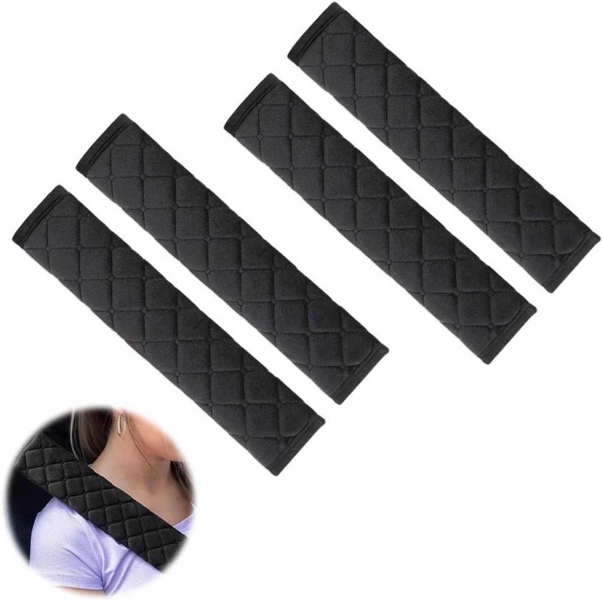 Autogordelkussens Set - Schouderkussens Gordel - Comfortabel Reizen - Zachte Microvezel - 4 Stuks - Zwart