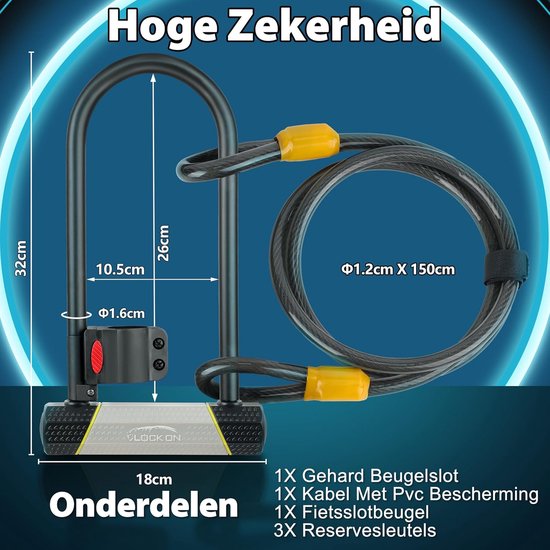 Diefstalbeveiliging fietsslot 180 x 320 mm U-slot - Fietsen + 1500 mm kabel - Houder racefiets mountainbike fiets van Oxford — afbeelding 3