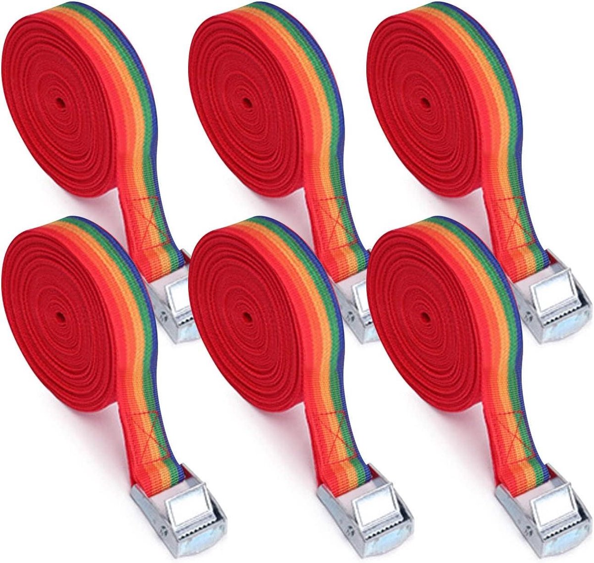 Spanbanden set - Bevestigingsbanden klemgesp - Ladingen vastzetten - Scheurvast polyester - 6 stuks 1 meter - Regenboogkleuren