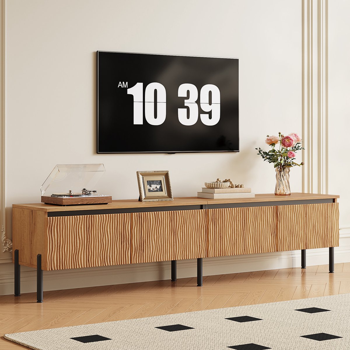 MIVRAY Dressoir - Tv-Meubel Met Vier Deuren En Kabelopeningen - Voor Woonkamer En Mediahoek - MDF En Spaanplaat - 180x35x43 Cm - Naturel