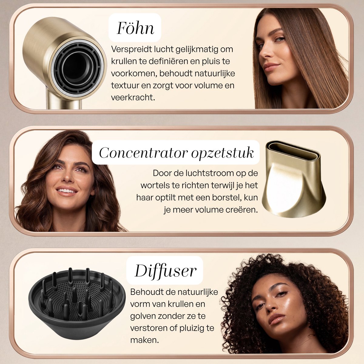 Sansbeauté® Föhn met Diffuser - Krullen - 110.000RPM - Ionische Haardroger met Borstel - 3 Standen - 3 Opzetstukken - Reisföhn - Sèche Cheveux - Krul Feun Set - Haarföhn met Defuser - Hair Blow Dryer - Kappersfohn - 2000W thumbnail 6