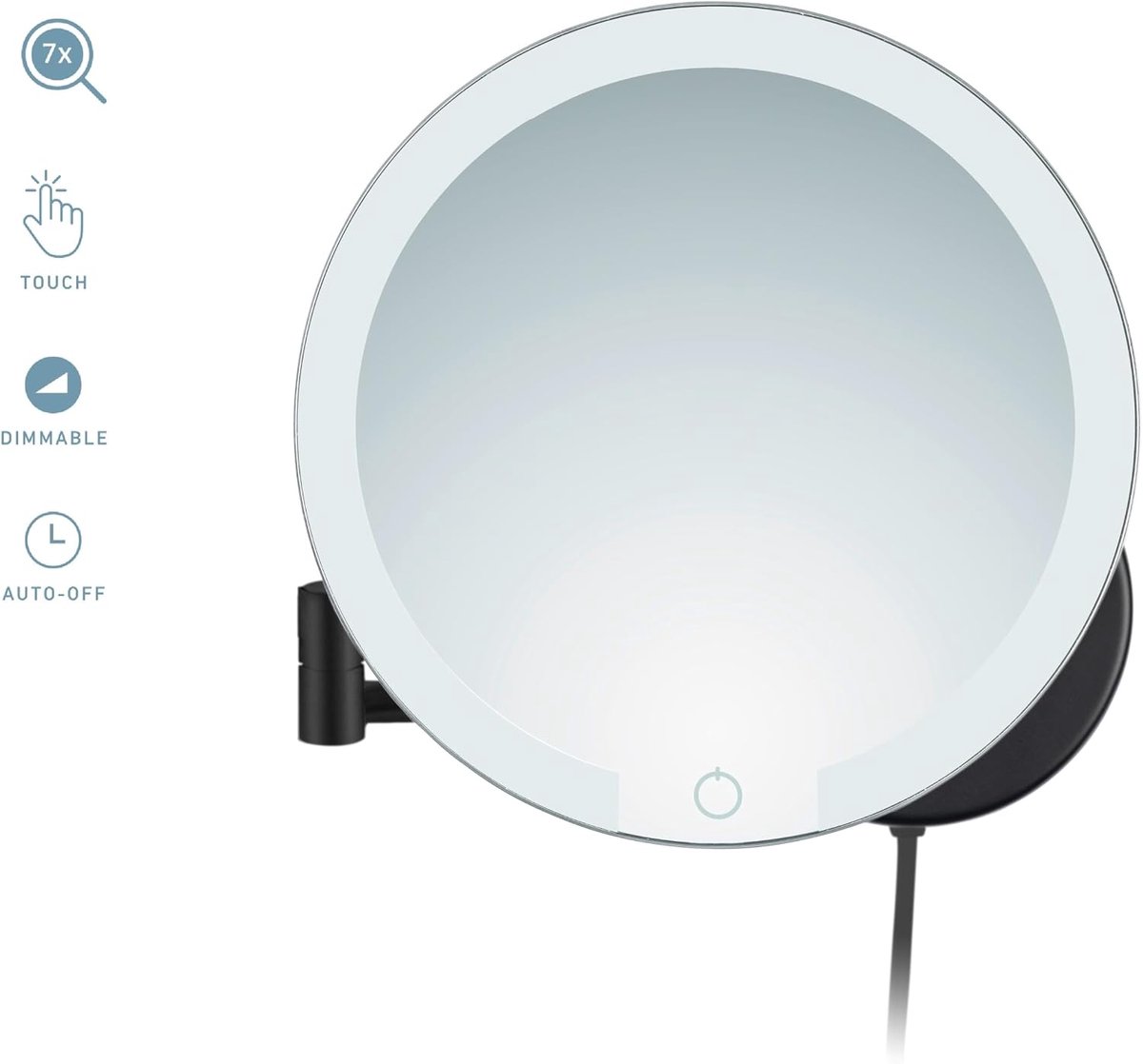 Thijox - Ravenna Cosmeticaspiegel met LED Verlichting, Ronde 7-voudige Vergroting, Wandmontage Make-upspiegel met Dimmable Licht en Auto-Off Kabel, Zw