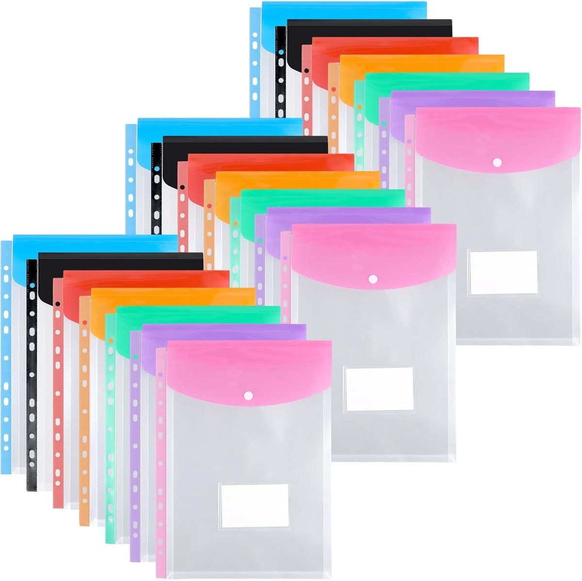 21 Stuks Multikleurige Perforatiehoezen A4 Plastic Mappen, Uitbreidbare Mappen met Drukknoop en Labelvak voor School, Kantoor en Thuis, 32x23.5cm, Organisatie, Documenten, Archiveren