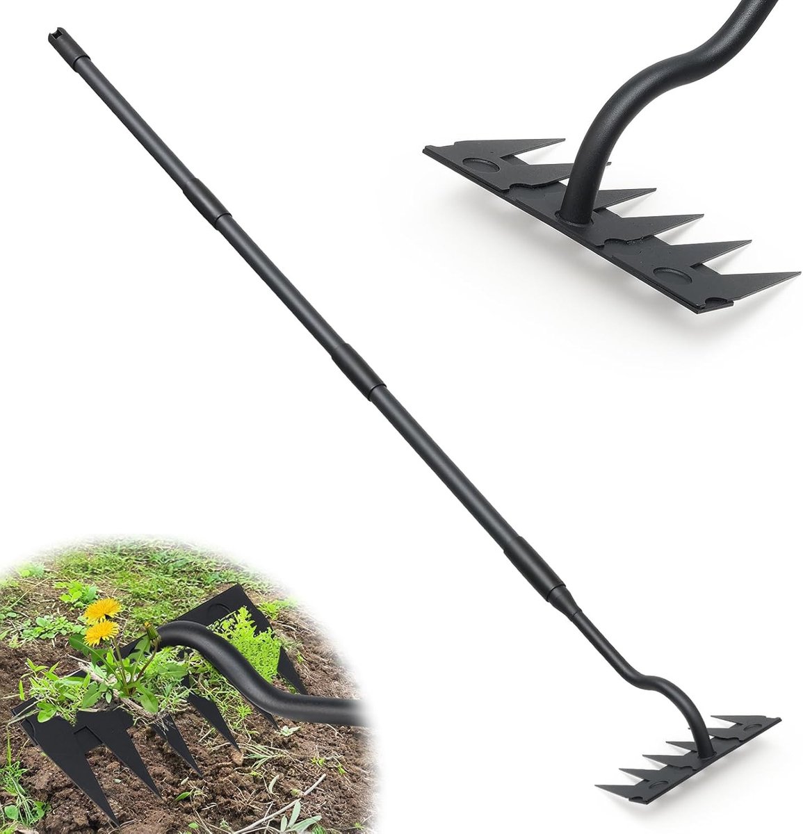 Gazonrakel - Metaal - 140 cm Steel - Koolstofstaal Tuinhark met 6 Tanden - Voor Tuinieren en Onkruid Wieden