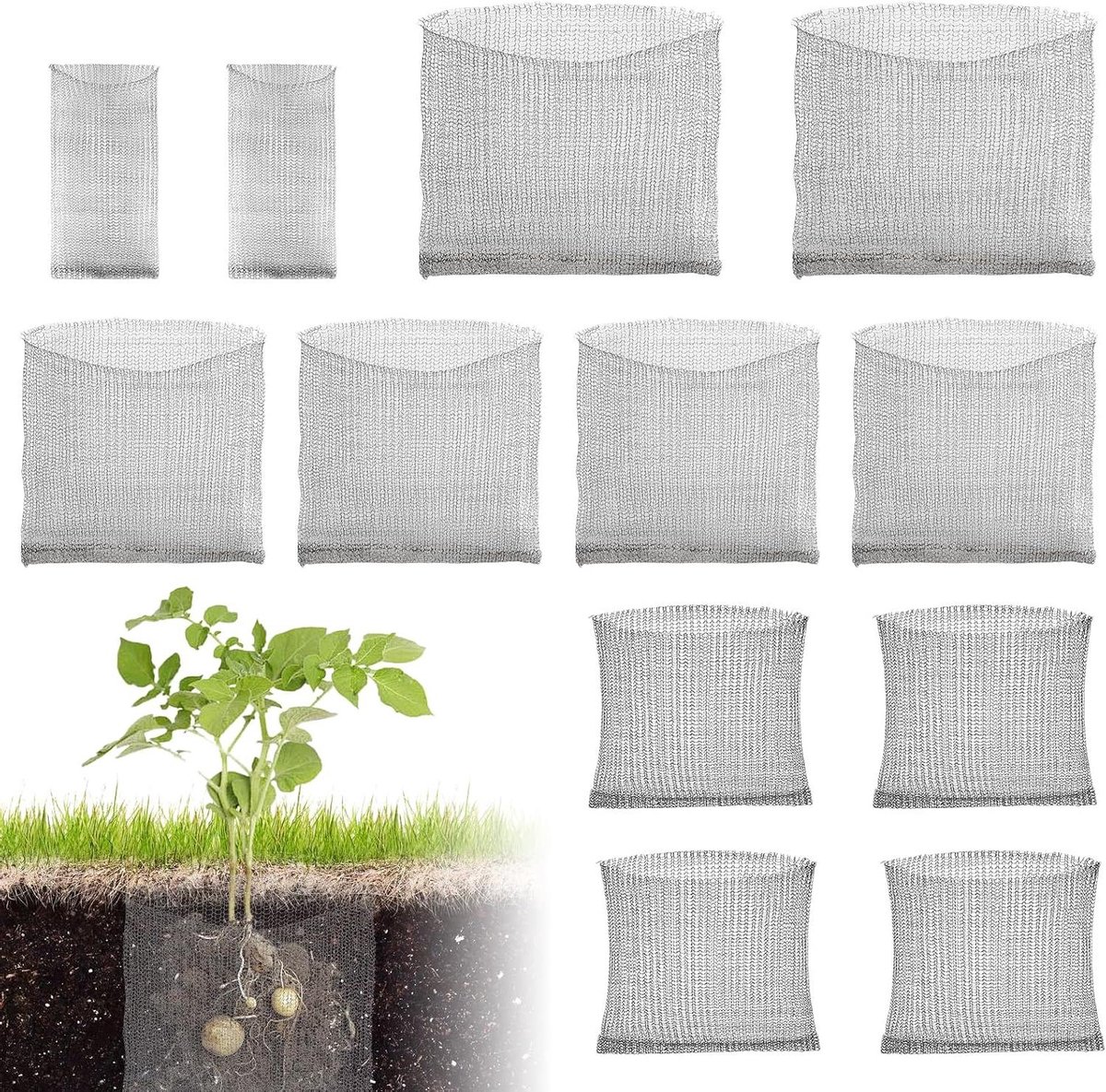 Woelmuismanden RVS - Wortelbeschermers Manden - Planten Wortels Beschermen - Roestvrij Staal Gaas - 12 stuks diverse maten - Zilverkleurig