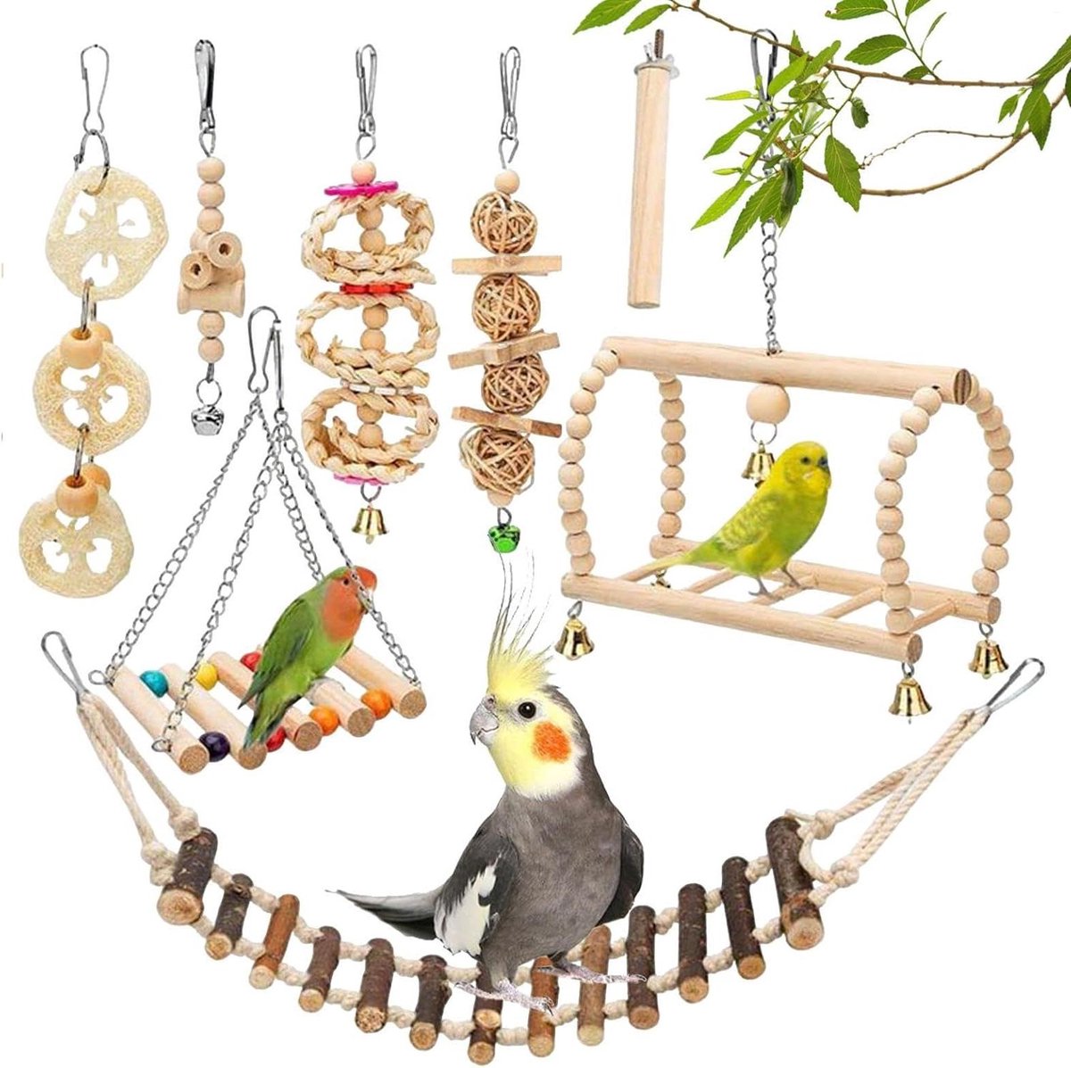 Vogelspeelgoed Set - Kauwaccessoires Vogels - Verrijking Kooi - Bevordert Natuurlijk Gedrag - 8 Delig - Multicolor
