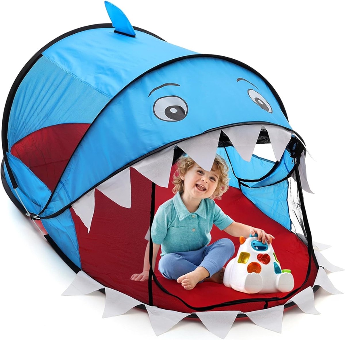Kinderspeeltent - Pop-up Speeltent met Haaienontwerp - 182 × 96 × 82 cm - Ruimte voor 1-3 Kinderen - Opvouwbaar en Draagbaar - Inclusief Opbergtas - Voor Slaapkamer, Tuin, Strand en Camping