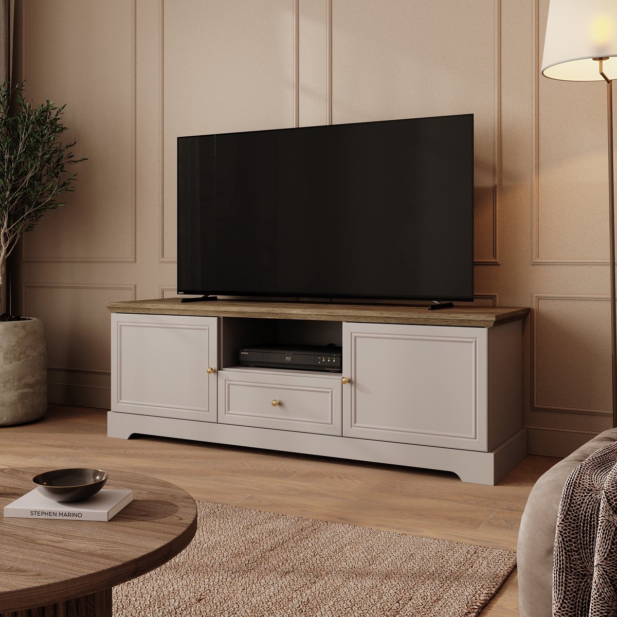 Meubella - Kresto - TV-Meubel - Beige/Eikenpatroon - 155x46x53 cm