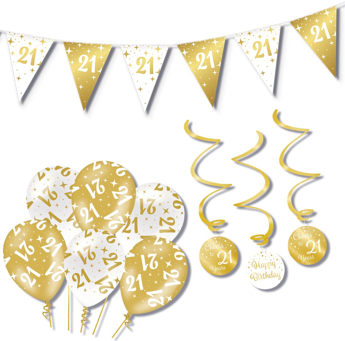 BTH – Verjaardag 21 Jaar – Wit-Goud – Verjaardag Set – Ballonnen-Swirls-Vlaggenlijn – Alles-in-1 – Decoratie Pakket