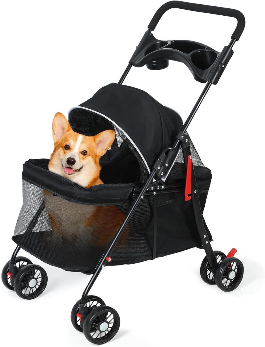 Huisdier Wandelwagen - Hondenbuggy Dierenwagen - Comfortabel Reizen - Verstelbare Luifel - 68 x 48 x 95 cm - Zwart