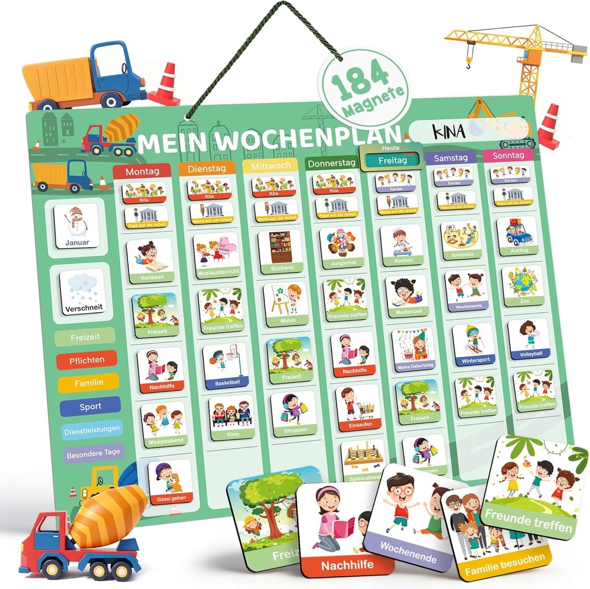 Montessori Weekplanner met 184 Magneten en Koord, Schrijf- en Wasbaar Educatief Speelgoed voor Kinderen in het Duits