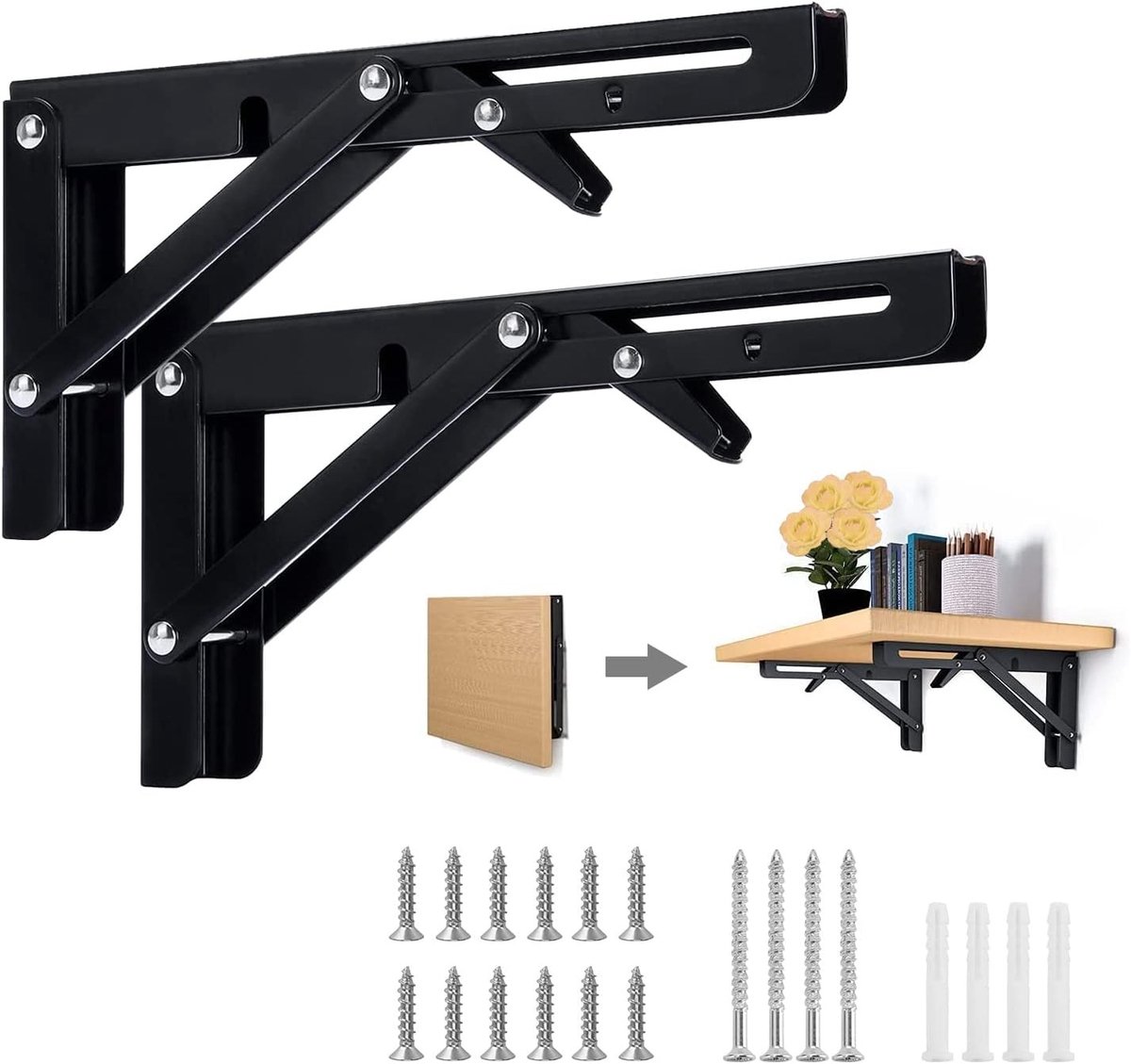 Vouwconsole voor Zware Belastingen 250mm, 2 Stuks Hoek Vouwbaar | Vouwplank, Opklapbare Tafel, Wandmontage 90°, Maximale Belastbaarheid 50 kg, Vouwscharnier voor Bladtafels, Ruimtebesparende Oplossing