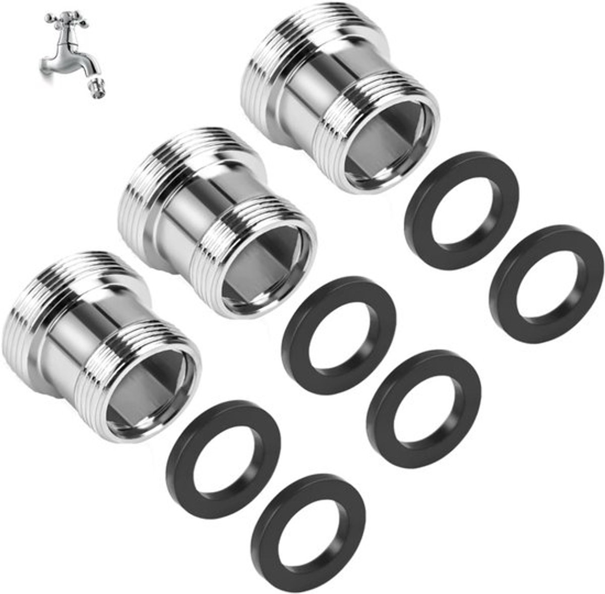 3-delige Kraanadapter Set M18 naar M22 met Rubber Seals voor Waterfilter, Tuinslang en Keuken- en Badkamergebruik