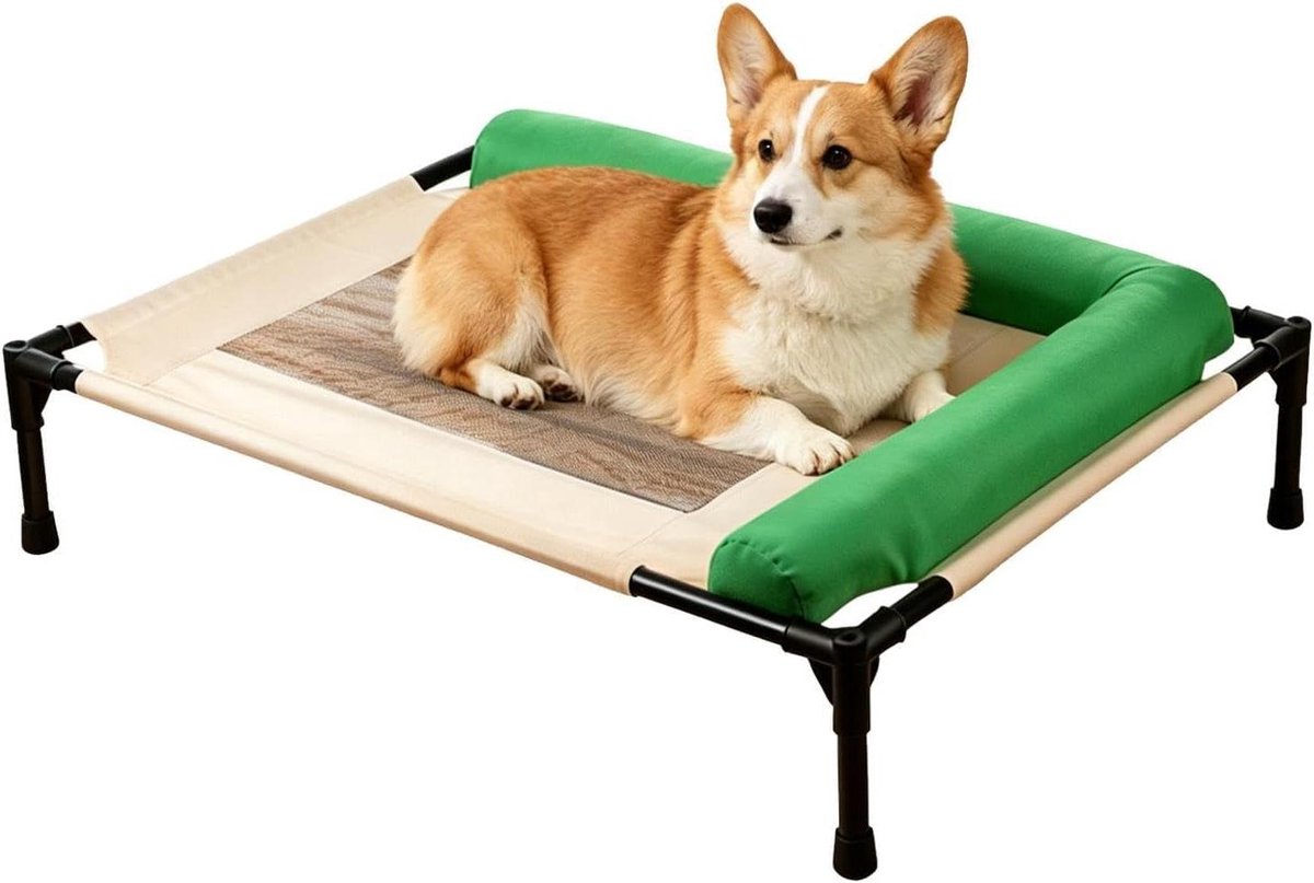 Verhoogd Hondenbed - Kattenmand Verhoogd - Comfortabel Slapen - L-vormige Neksteun - 65 x 45 x 20 cm - Groen