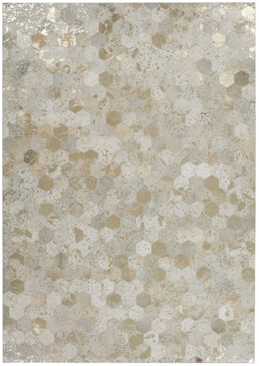 Padiro laagpolig vloerkleed 120 x 170 cm - crème / off-white / goud - grafisch gestipt patroon - geschikt voor vloerverwarming - van leer